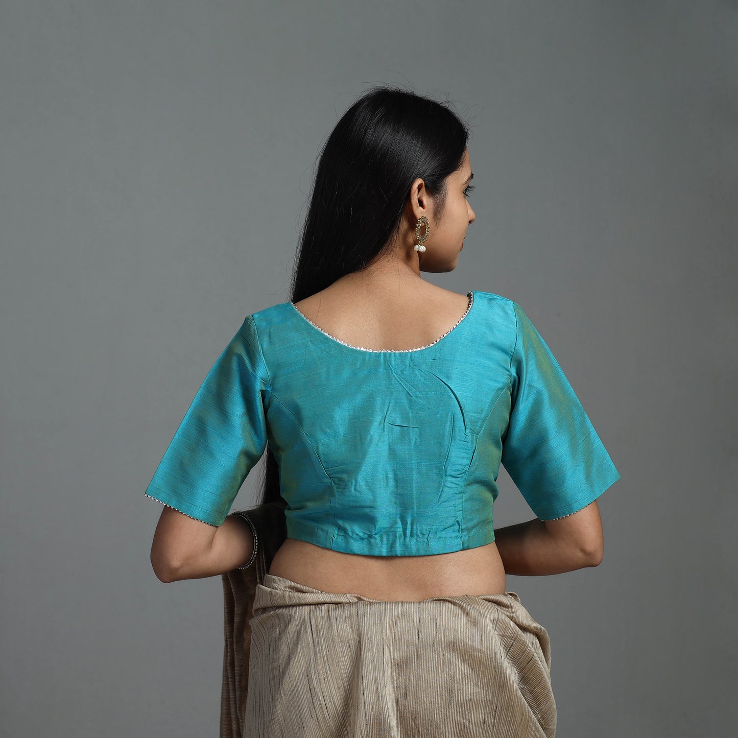 Blue - Gota Patti Slub Silk Plain Blouse 02