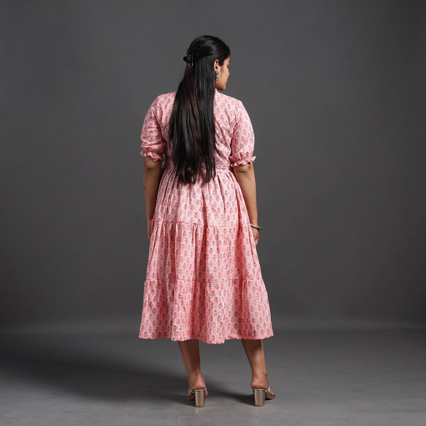 Pink - Tiered Cotton Block Print Sanganeri Dress 04