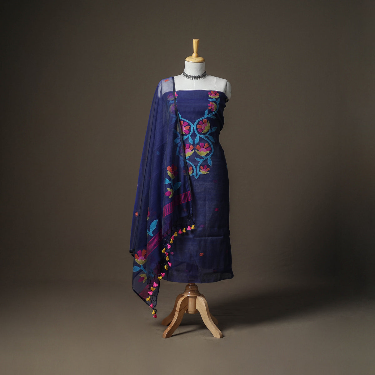 Blue - jamdani pure handloom muslin unstitched dress