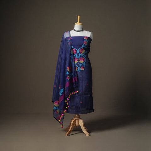 Blue - Jamdani Pure Handloom Muslin Unstitched Dress Material: Kurta with Dupatta 01