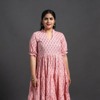 Pink - Tiered Cotton Block Print Sanganeri Dress 04