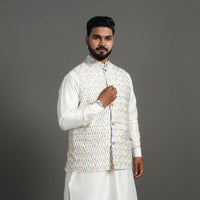 White - Silk Cotton Handwoven Pochampally Ikat Nehru Jacket 11