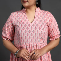 Pink - Tiered Cotton Block Print Sanganeri Dress 04