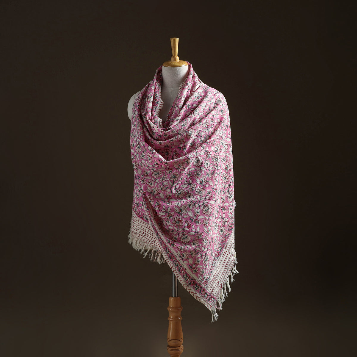 Floral Sanganeri Print Pure Merino Wool Handwoven Shawl 54