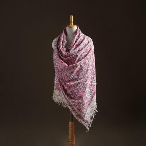 Floral sanganeri print pure merino wool handwoven shawl 54