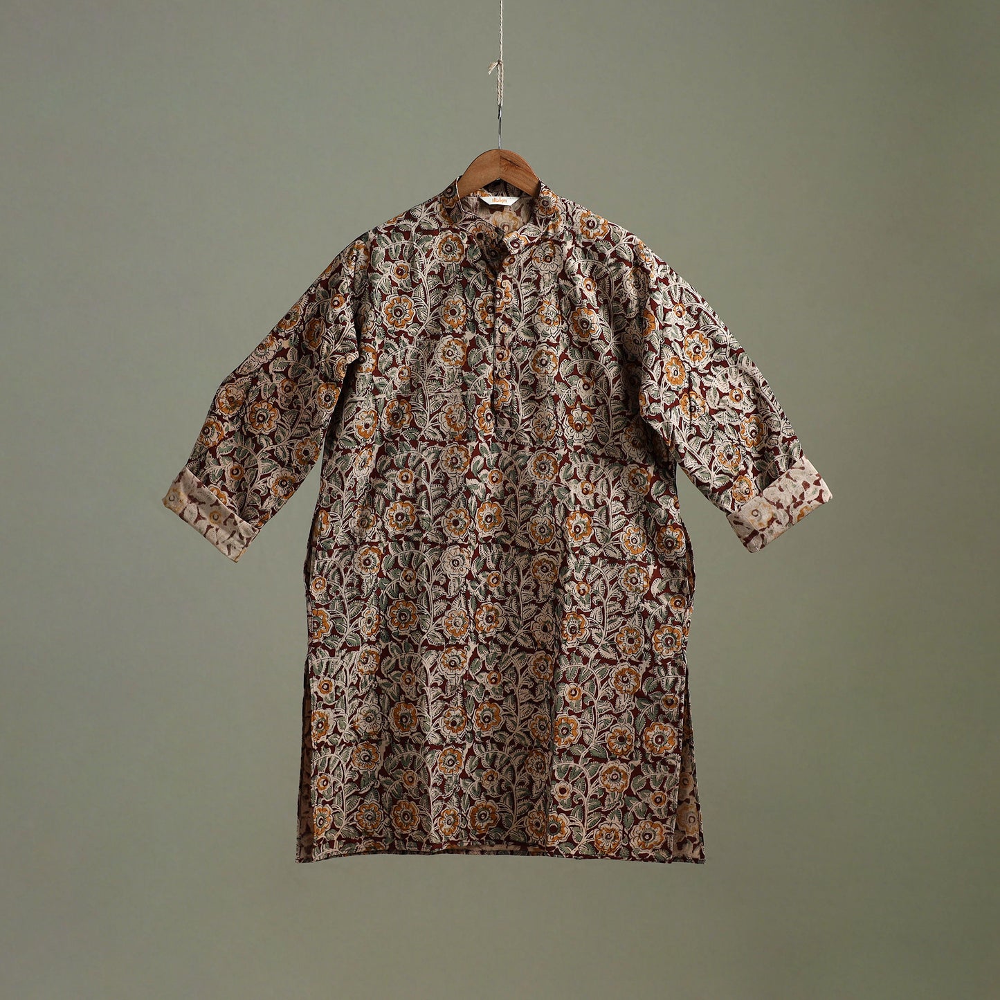 Hand Block Print Natural Dyed Cotton Long Kalamkari Kurta for Men 11
