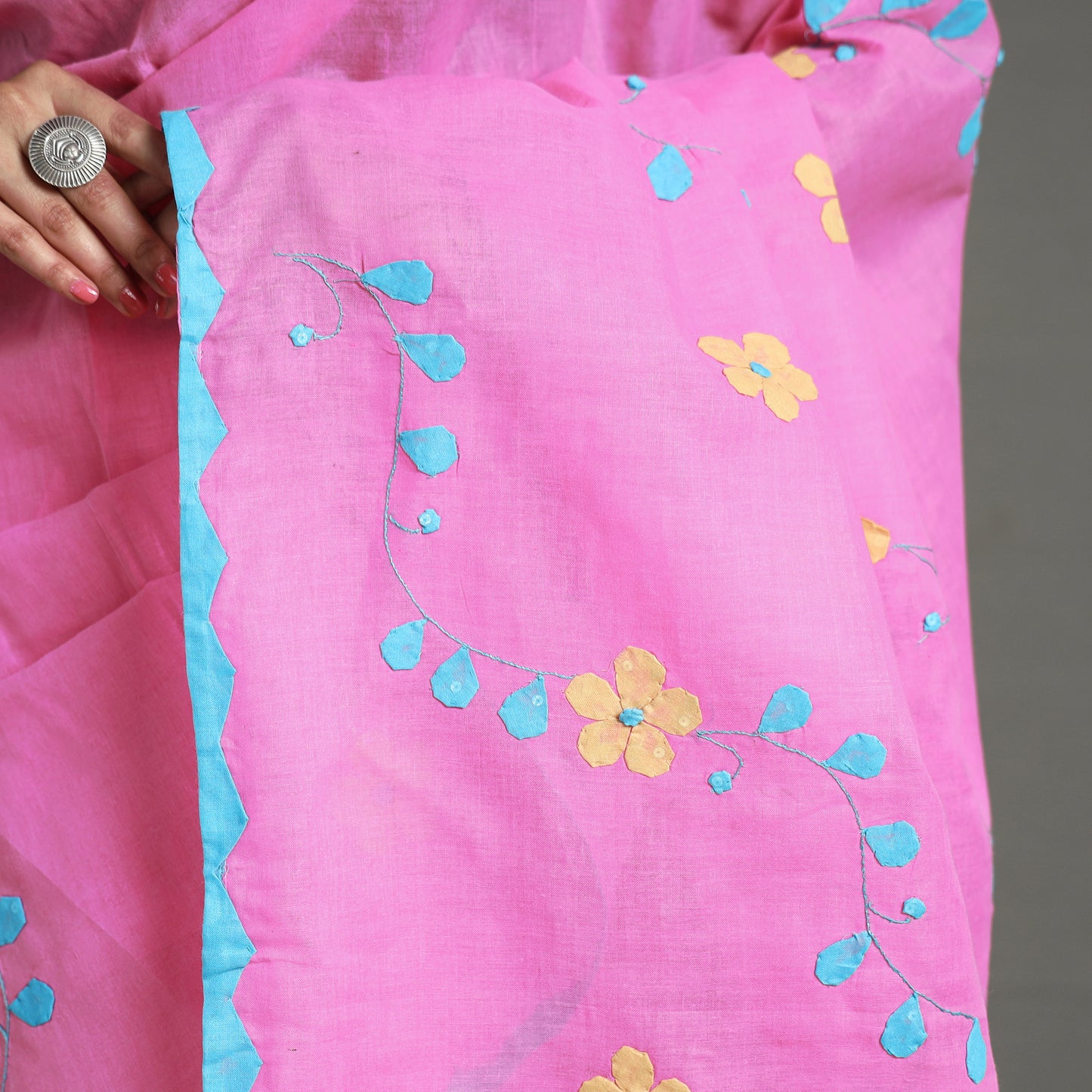 Pink - Applique Patti Kaam Pure Cotton Saree from Rampur 13