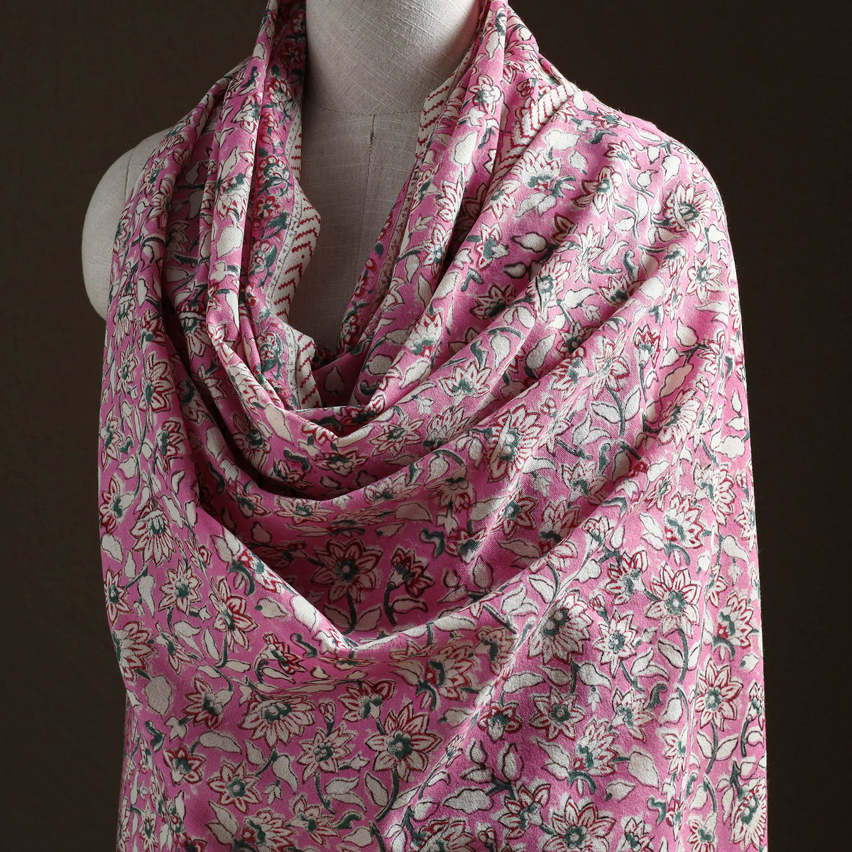 Floral Sanganeri Print Pure Merino Wool Handwoven Shawl 54