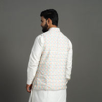 White - Silk Cotton Handwoven Pochampally Ikat Nehru Jacket 11