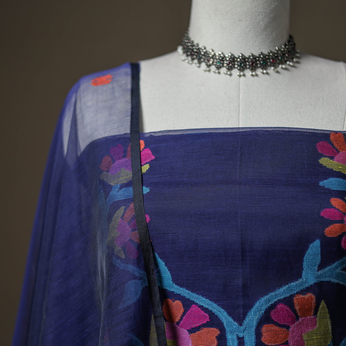Blue - jamdani pure handloom muslin unstitched dress
