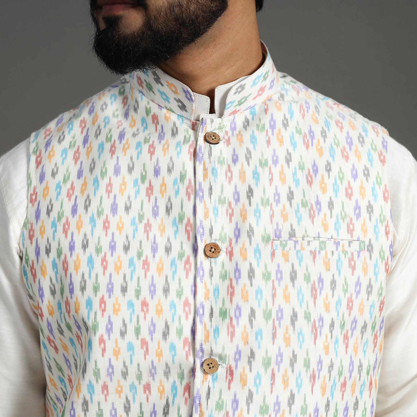 White - Silk Cotton Handwoven Pochampally Ikat Nehru Jacket 11