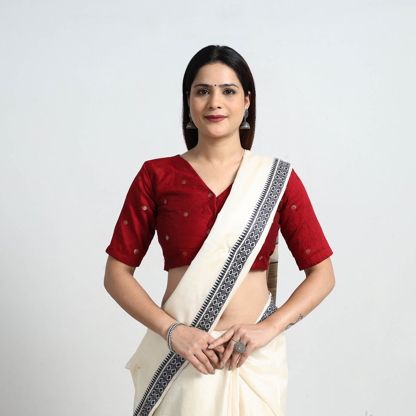 Red - Polka Dot Zari Buti Silk Stitched Plain Blouse 06