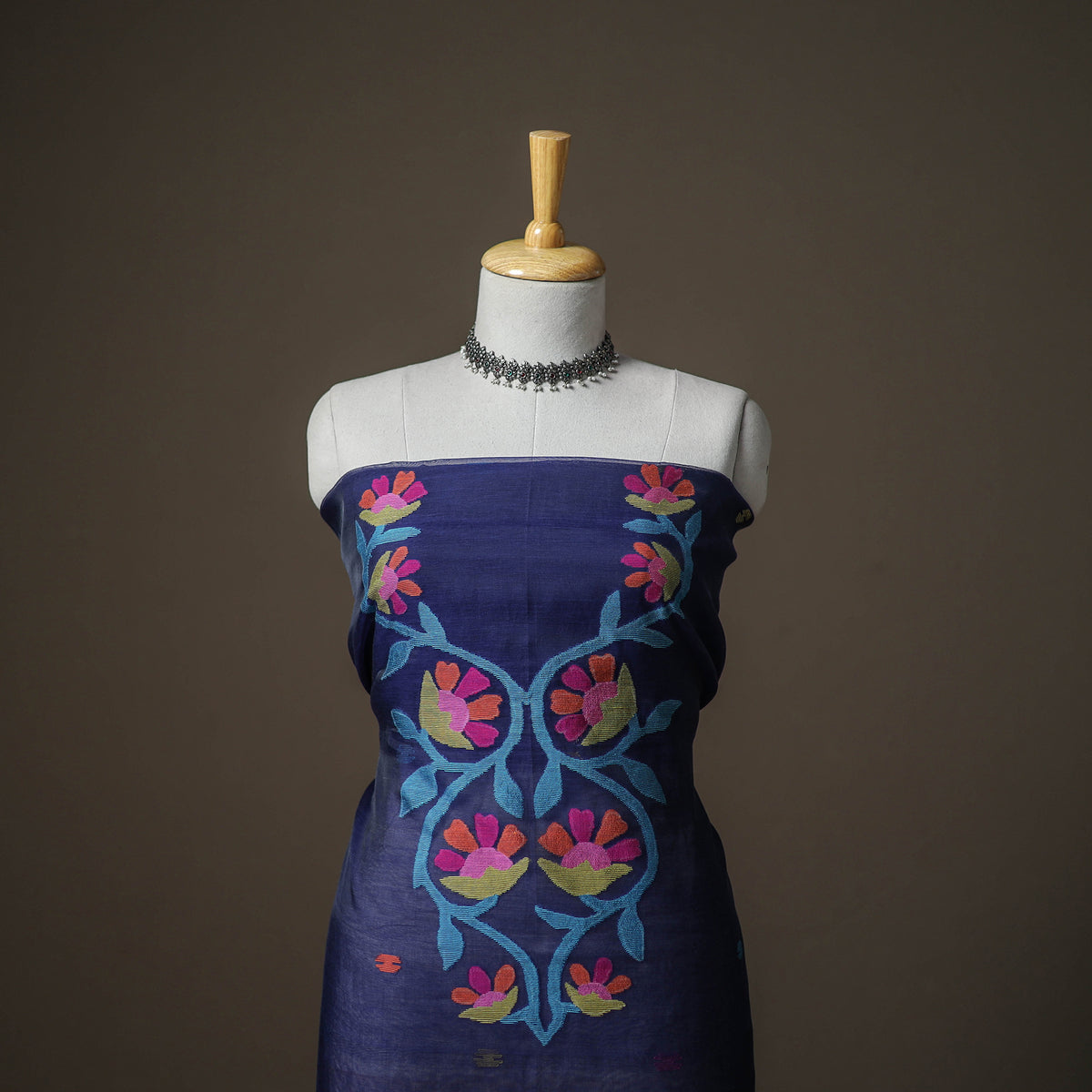 Blue - jamdani pure handloom muslin unstitched dress