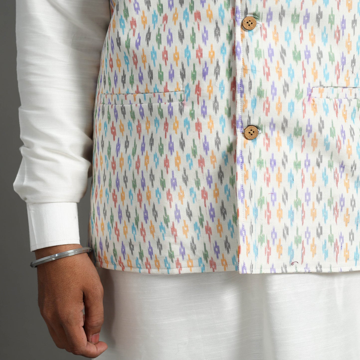 White - Silk Cotton Handwoven Pochampally Ikat Nehru Jacket 11