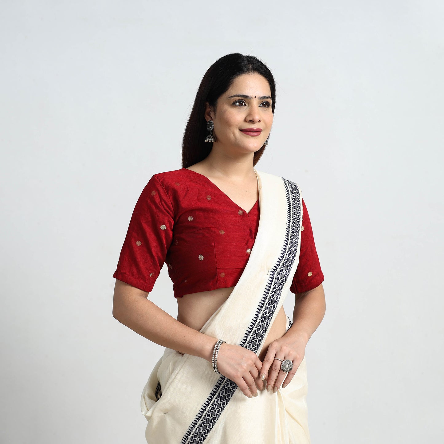 Red - Polka Dot Zari Buti Silk Stitched Plain Blouse 06