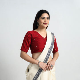Red - Polka Dot Zari Buti Silk Stitched Plain Blouse 06