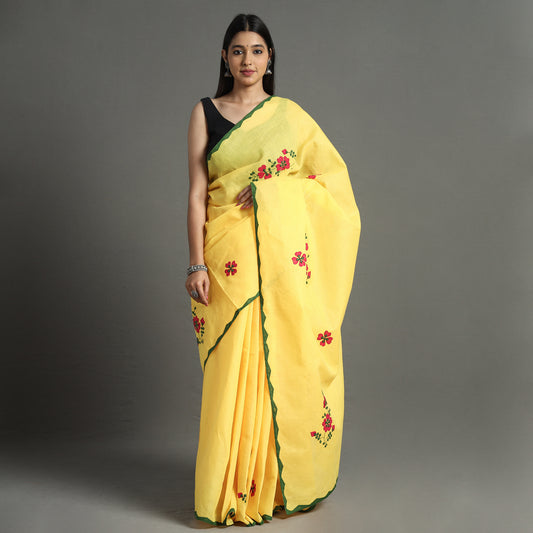 Yellow - Applique Patti Kaam Pure Cotton Saree from Rampur 08
