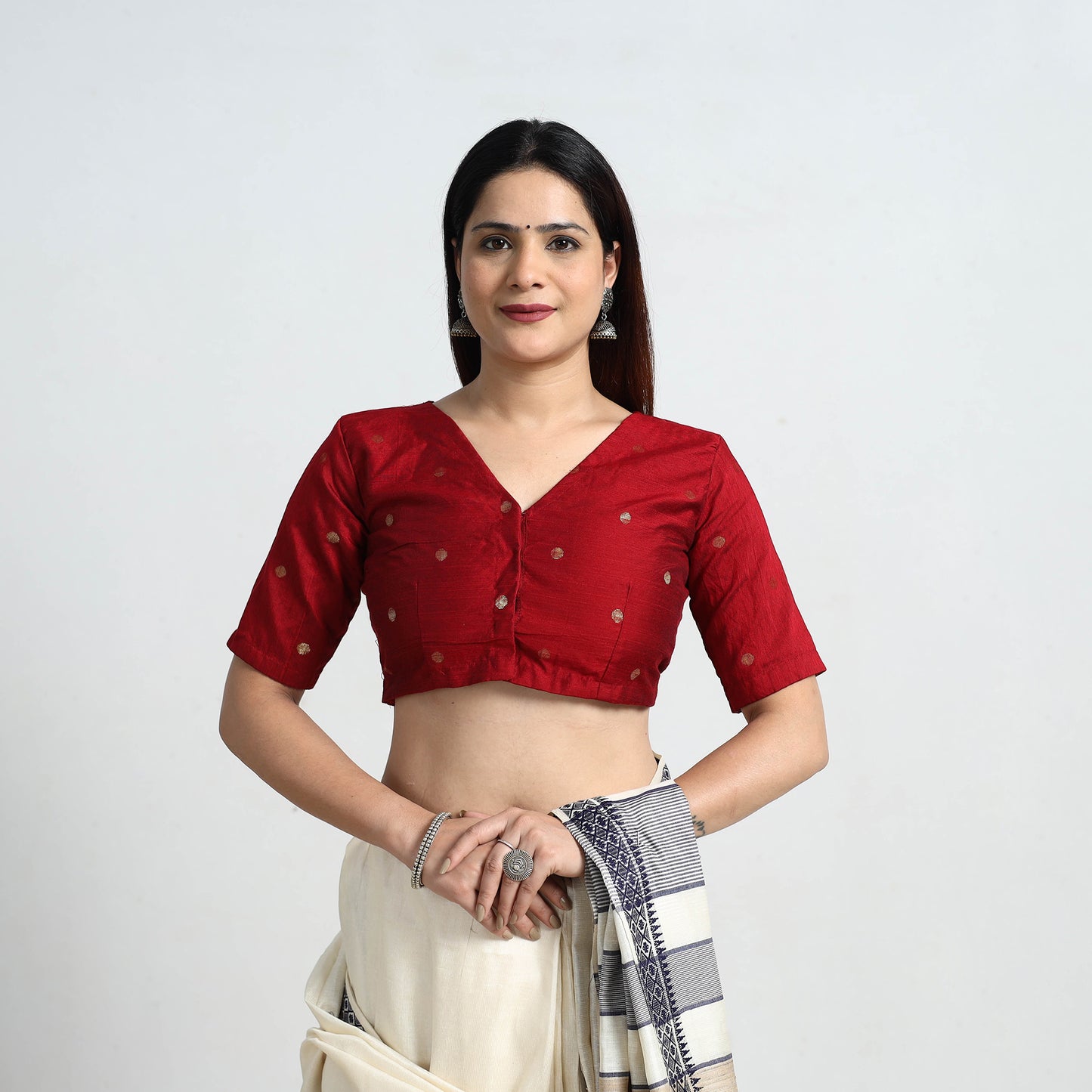 Red - Polka Dot Zari Buti Silk Stitched Plain Blouse 06