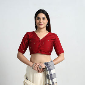 Red - Polka Dot Zari Buti Silk Stitched Plain Blouse 06