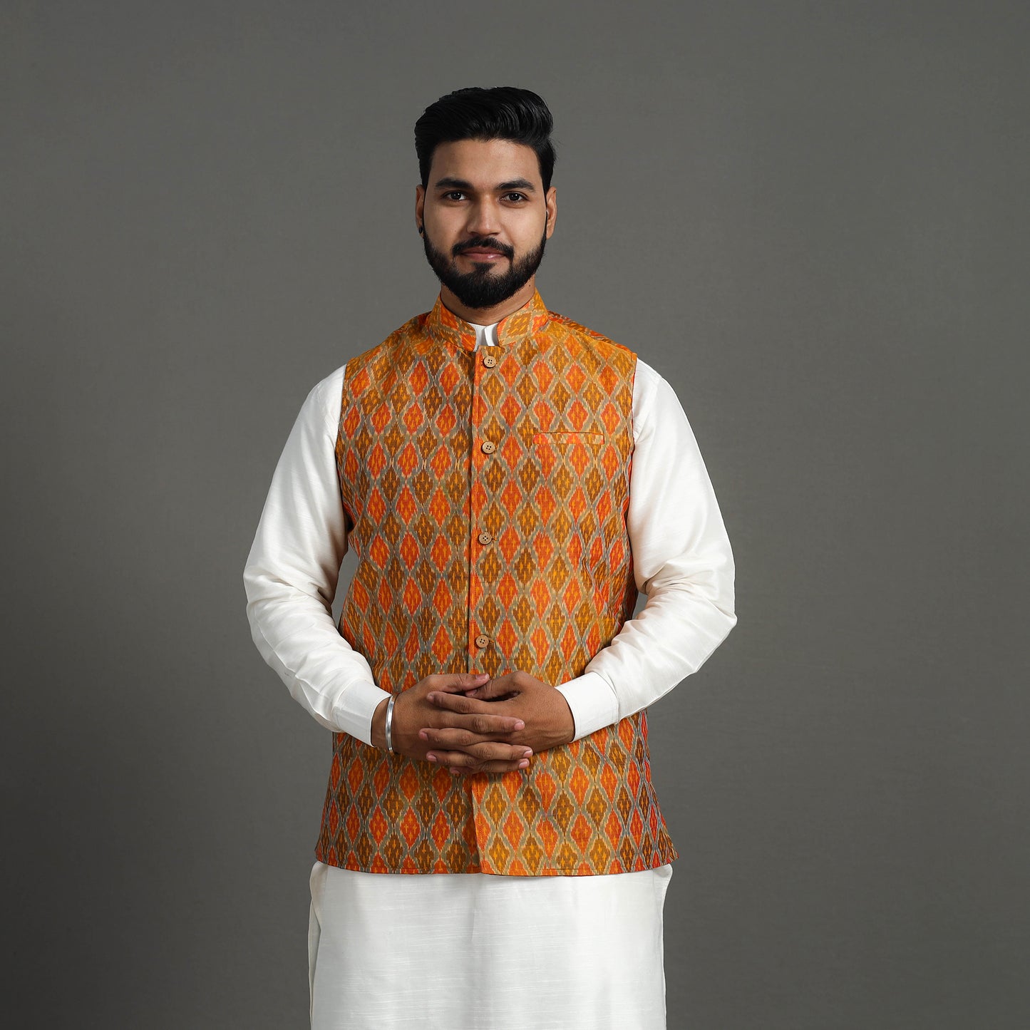 Orange - Silk Cotton Handwoven Pochampally Ikat Nehru Jacket 18