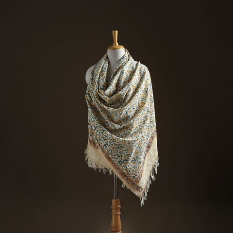 Floral sanganeri print pure merino wool handwoven shawl 55