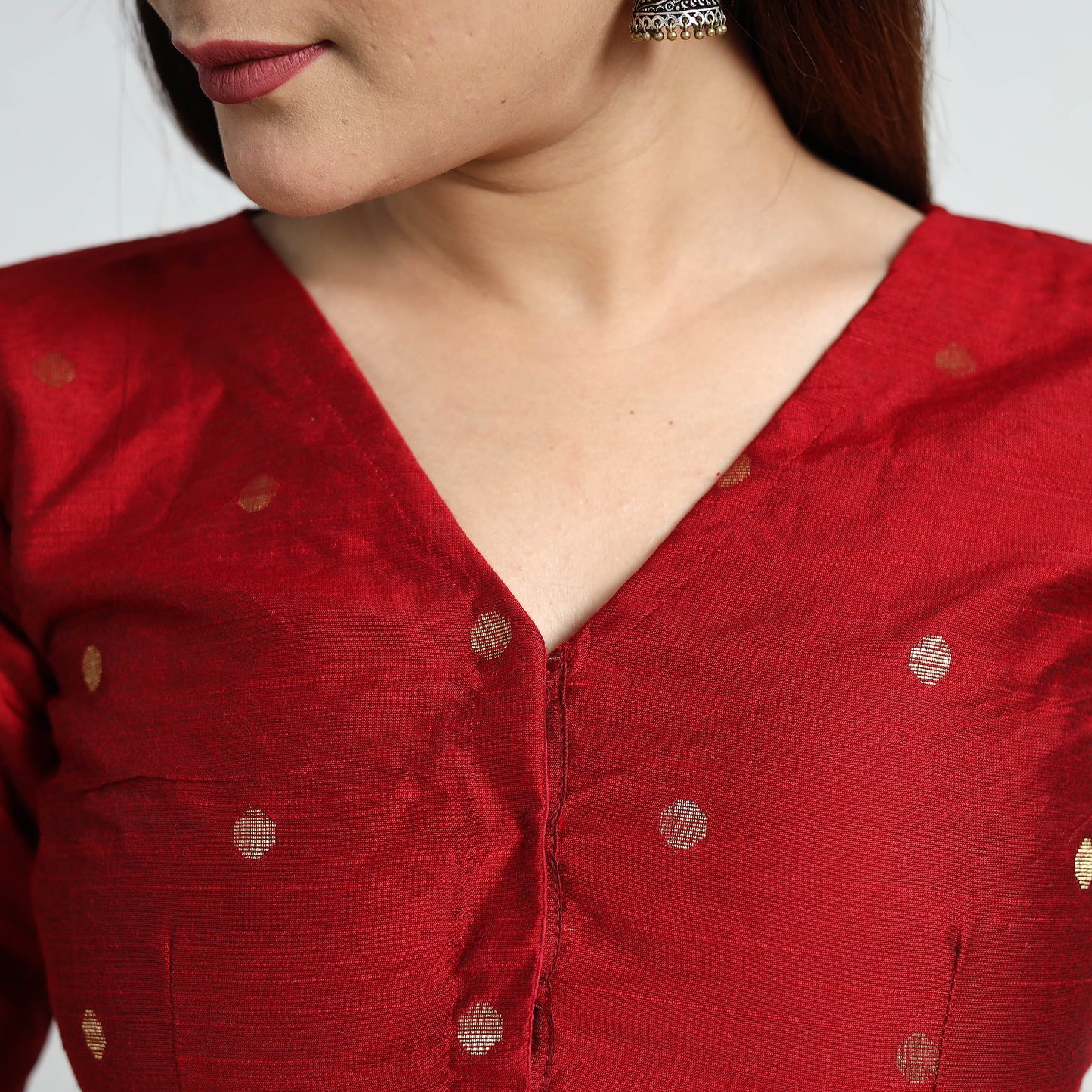 Red - Polka Dot Zari Buti Silk Stitched Plain Blouse 06