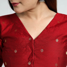 Red - Polka Dot Zari Buti Silk Stitched Plain Blouse 06