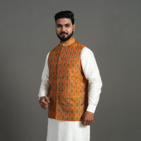 Orange - Silk Cotton Handwoven Pochampally Ikat Nehru Jacket 18