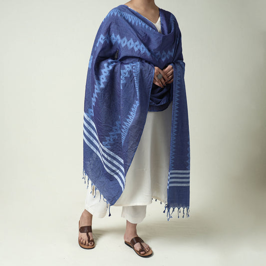 Blue - Maniabandha Ikat Weave Handloom Cotton Dupatta with Tassels