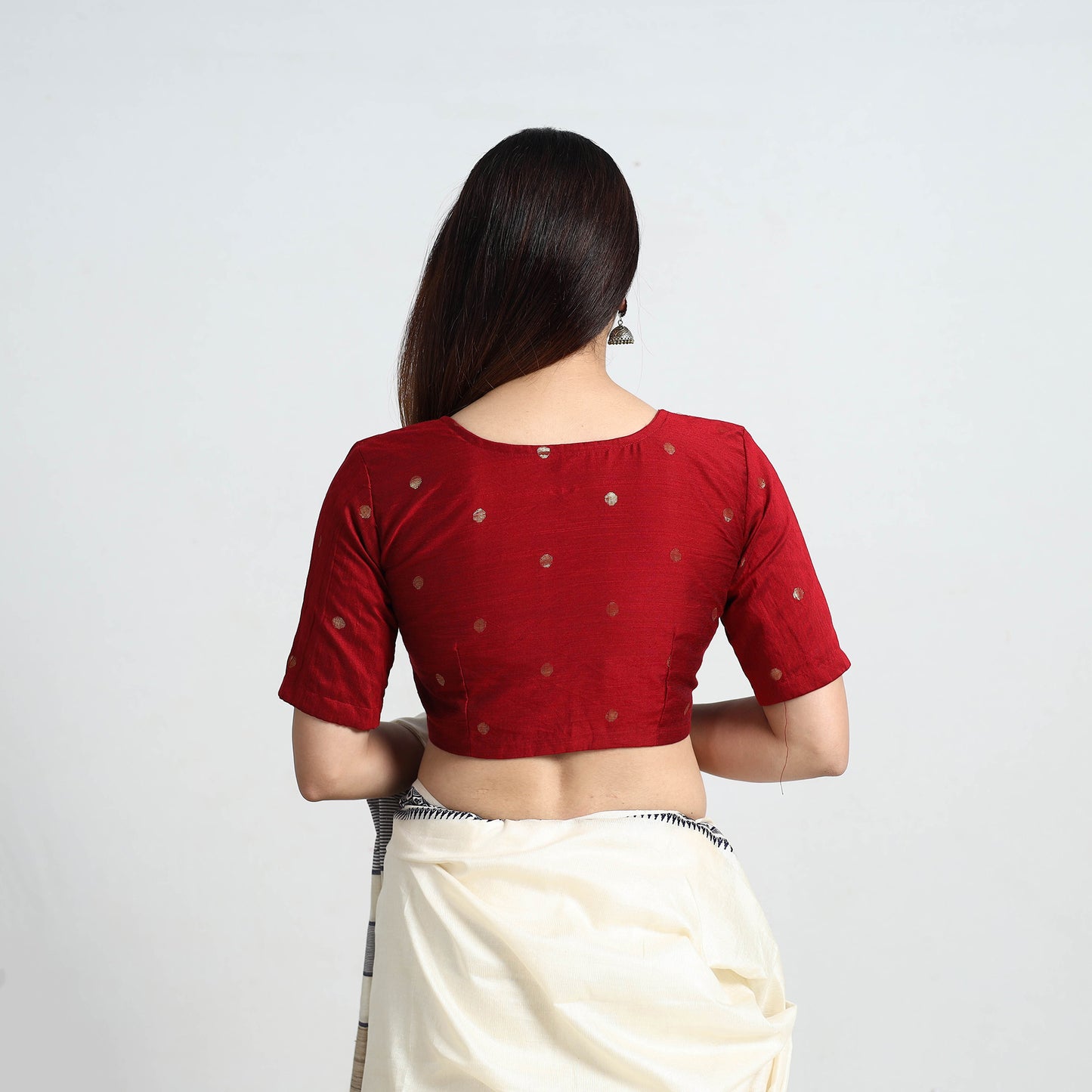 Red - Polka Dot Zari Buti Silk Stitched Plain Blouse 06