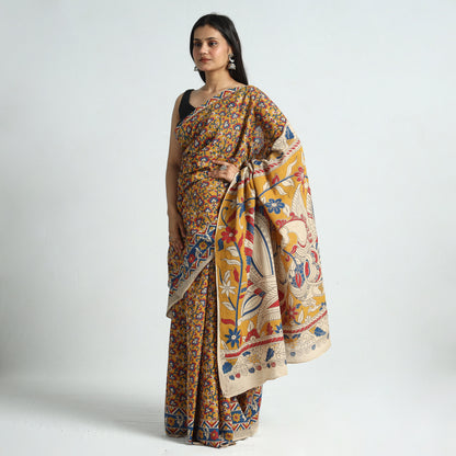 Yellow - Kalamkari Printed Cotton Saree with Blouse Piece 09