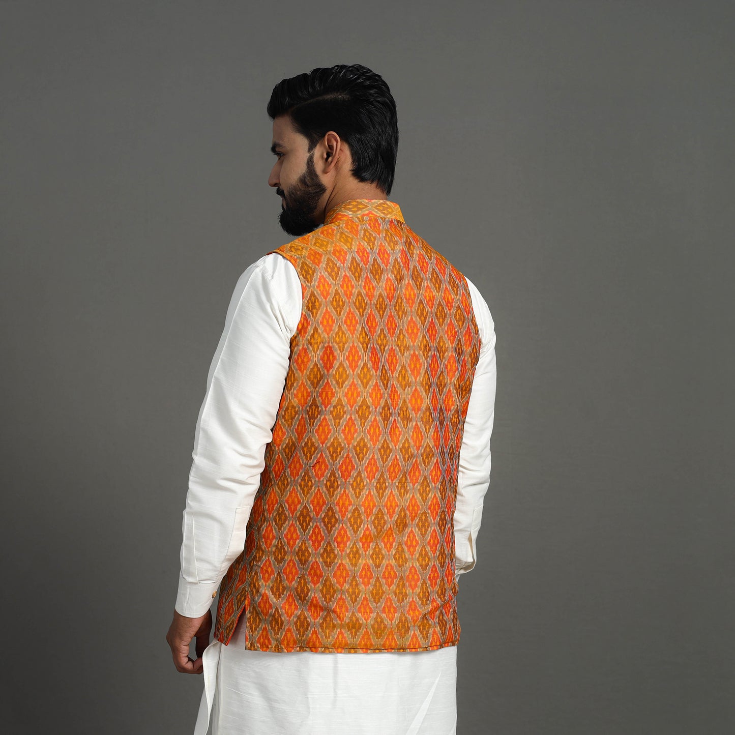 Orange - Silk Cotton Handwoven Pochampally Ikat Nehru Jacket 18