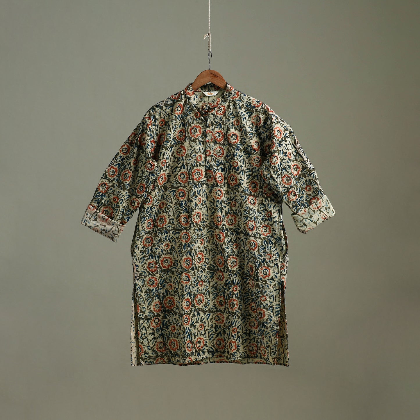 Hand Block Print Natural Dyed Cotton Long Kalamkari Kurta for Men 12