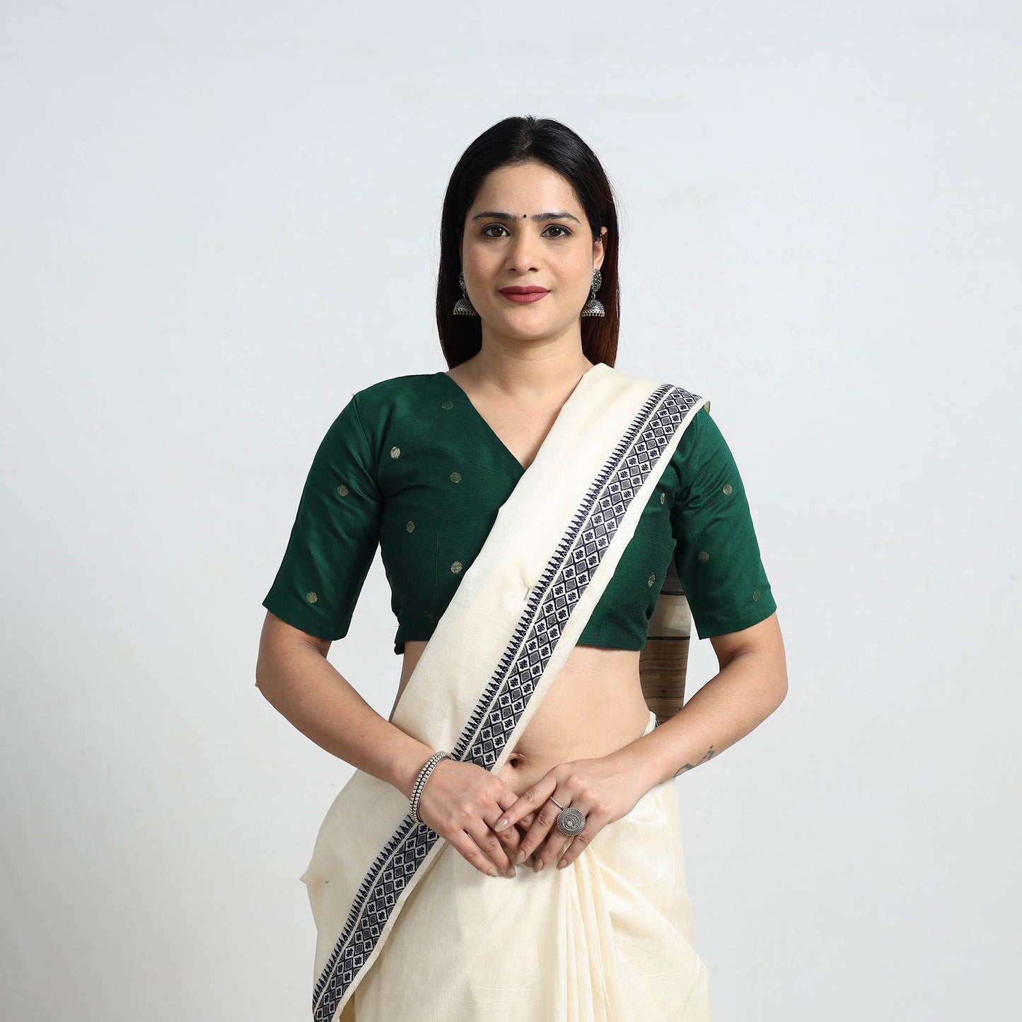 Green - Polka Dot Zari Buti Silk Stitched Plain Blouse 07