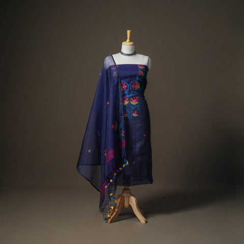 Blue - Jamdani Pure Handloom Muslin Unstitched Dress Material: Kurta with Dupatta 03