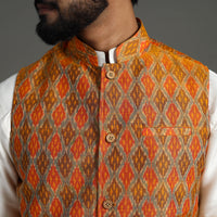 Orange - Silk Cotton Handwoven Pochampally Ikat Nehru Jacket 18