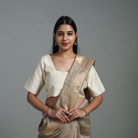 Off White Gota Patti Slub Silk Plain Blouse Online