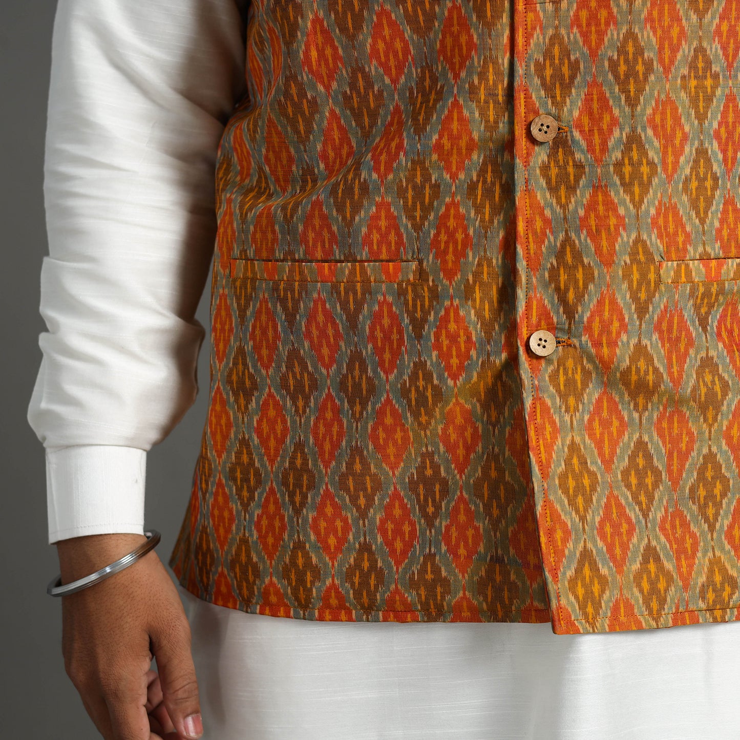 Orange - Silk Cotton Handwoven Pochampally Ikat Nehru Jacket 18