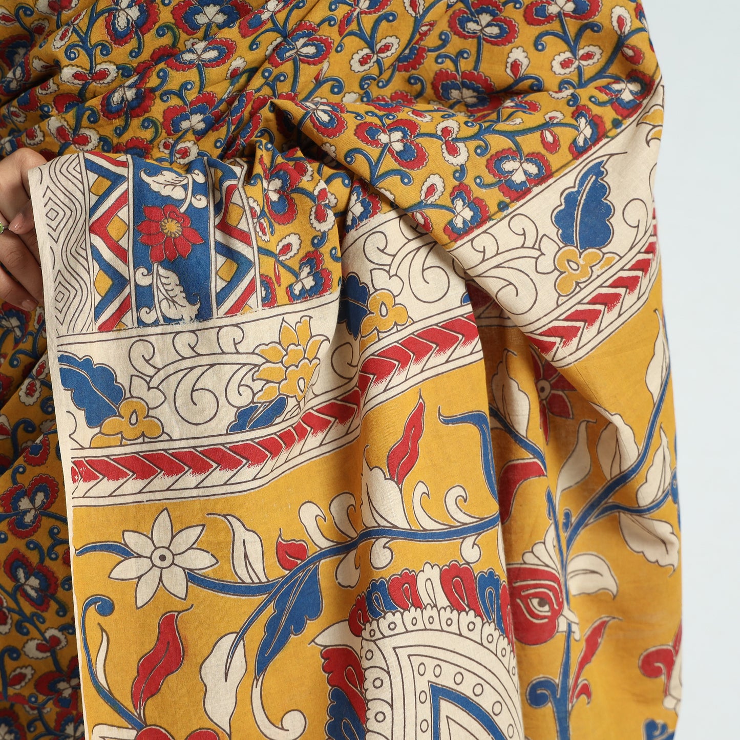 Yellow - Kalamkari Printed Cotton Saree with Blouse Piece 09