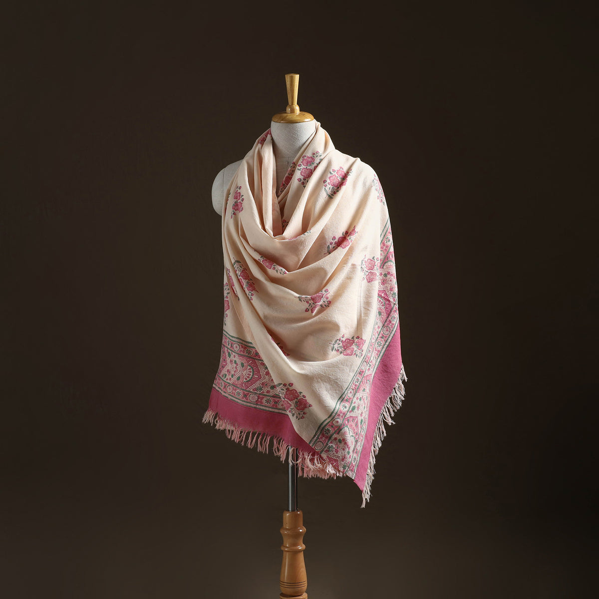Floral Sanganeri Print Pure Merino Wool Handwoven Shawl 56