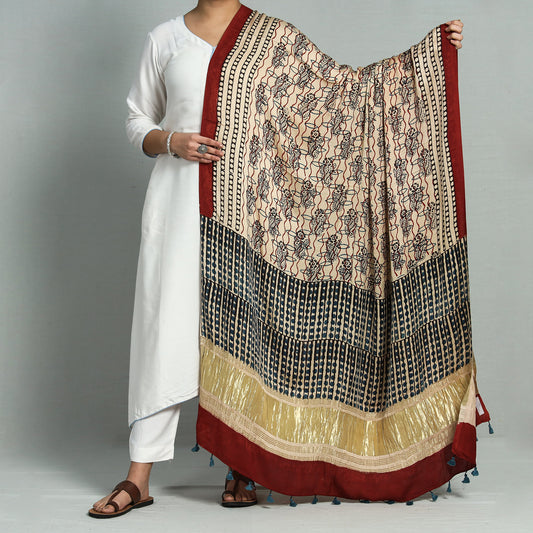 Beige - Ajrakh Hand Block Printed Modal Silk Lagdi Patta Dupatta with Tassels