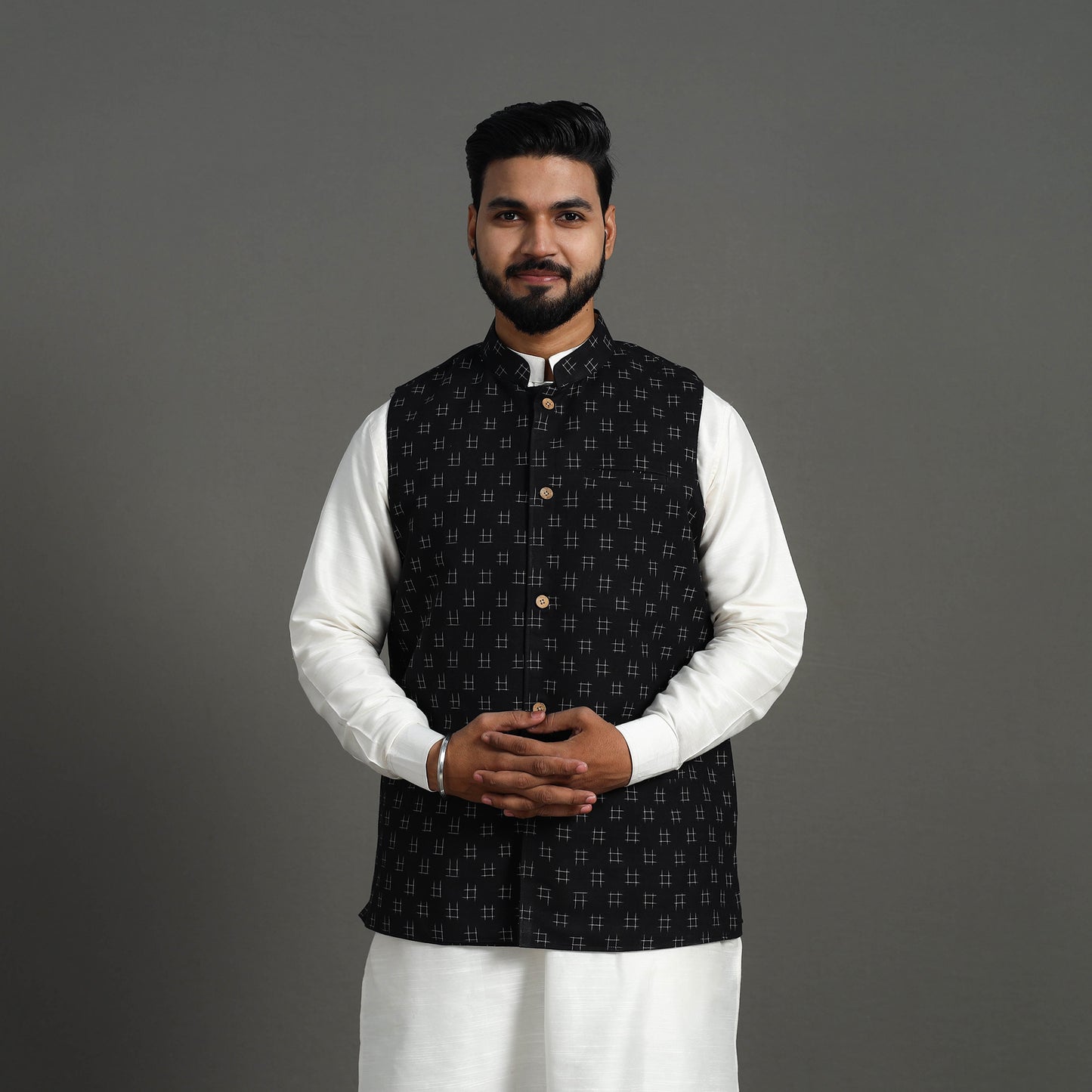 Black - Pochampally Double Ikat Handloom Cotton Men Nehru Jacket 06