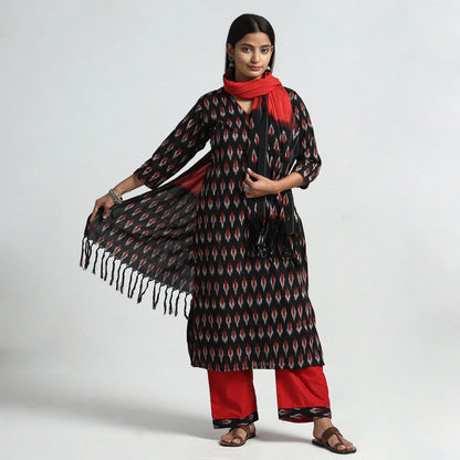 Black - Pochampally Ikat Weave Cotton Kurta with Palazzo & Dupatta Set