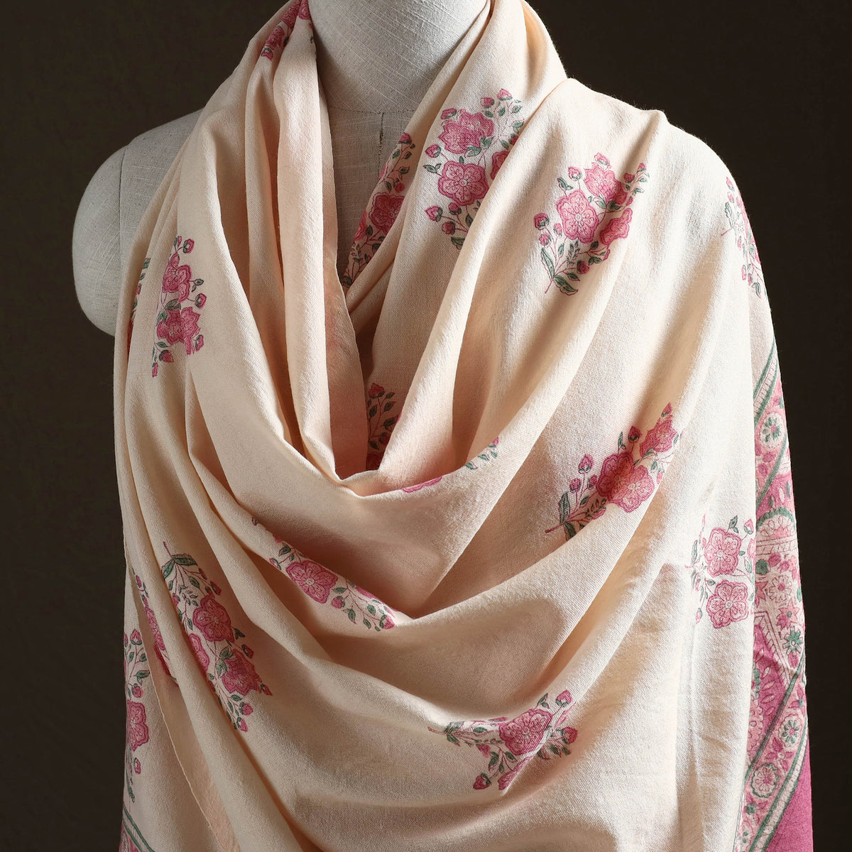 Floral Sanganeri Print Pure Merino Wool Handwoven Shawl 56