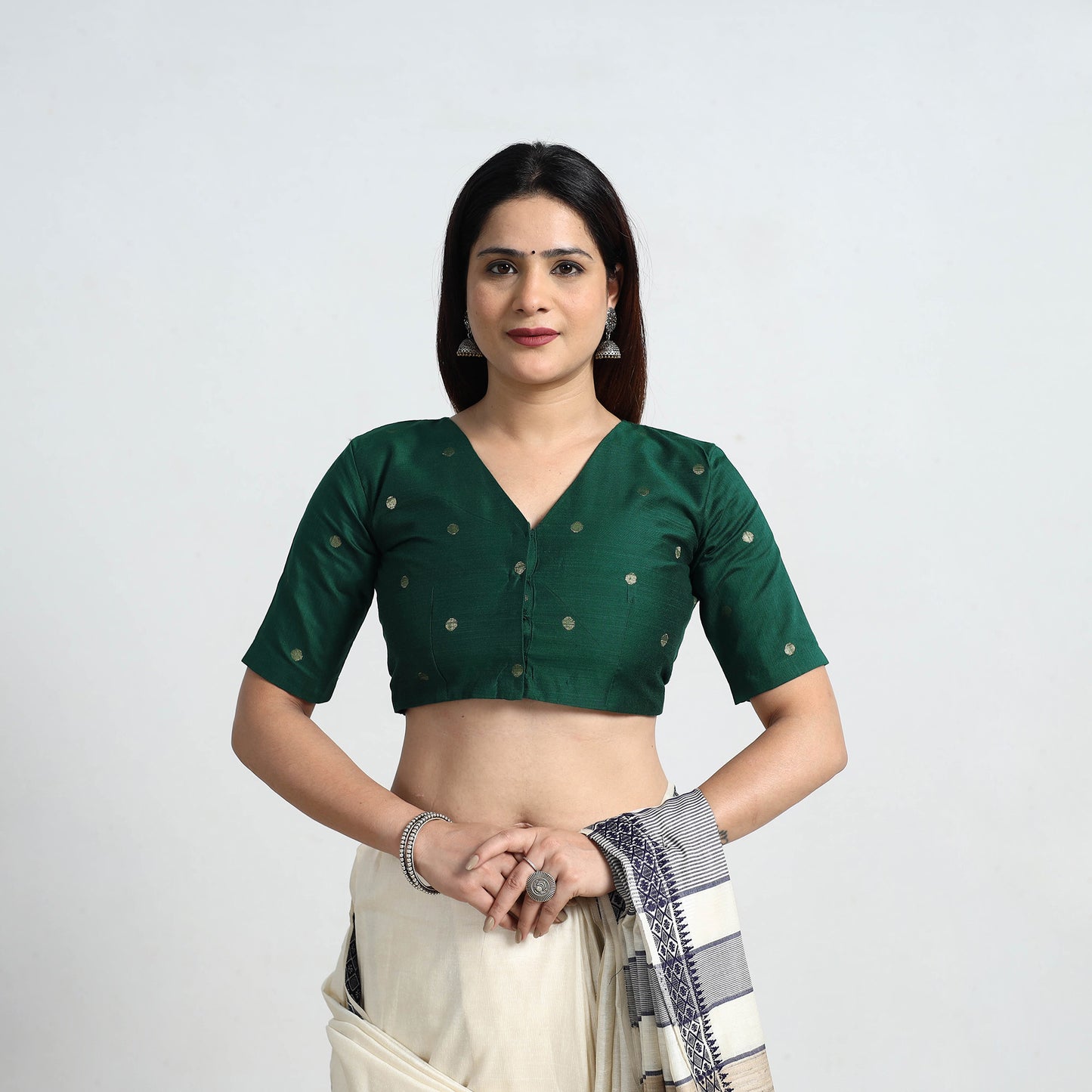 Green - Polka Dot Zari Buti Silk Stitched Plain Blouse 07