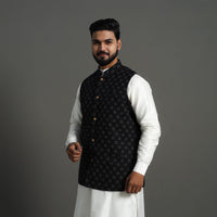 Black - Pochampally Double Ikat Handloom Cotton Men Nehru Jacket 06