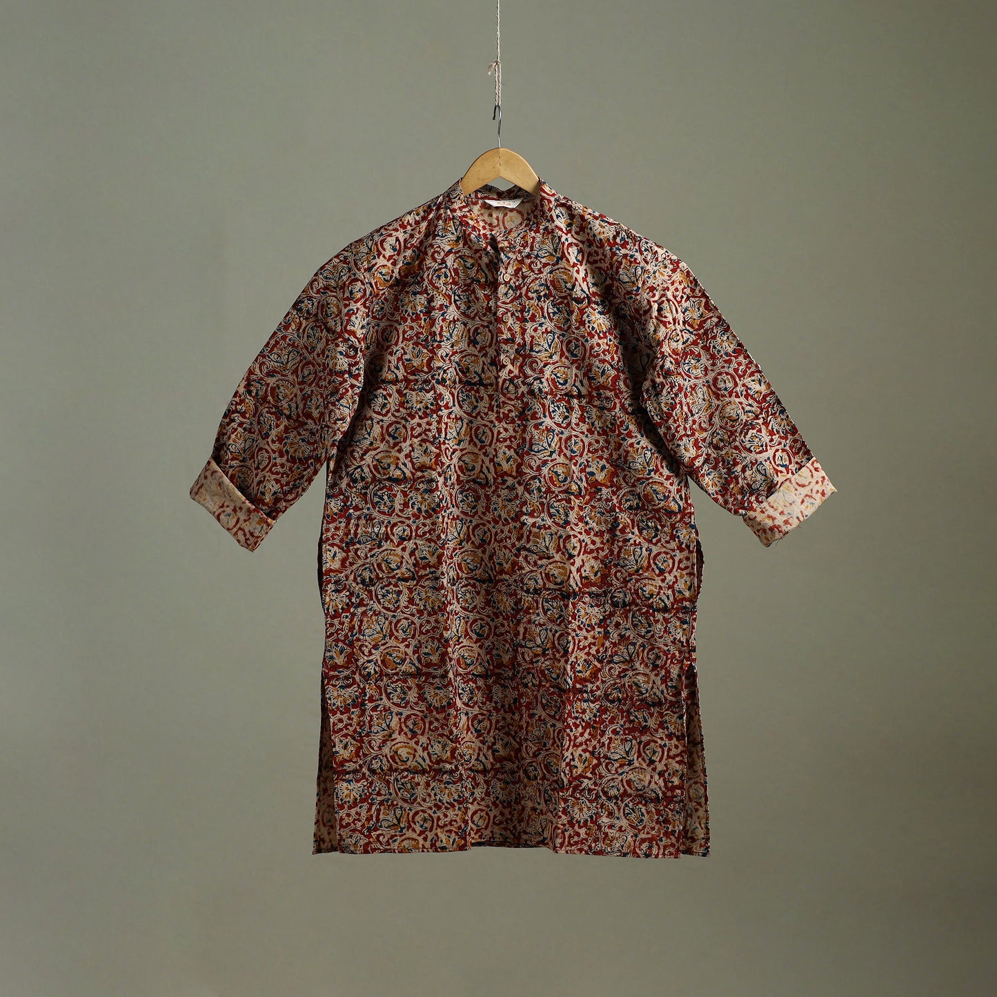 Hand Block Print Natural Dyed Cotton Long Kalamkari Kurta for Men 13