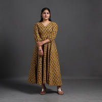 Yellow - Flared Cotton Block Print Sanganeri Dress 13