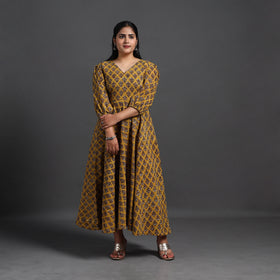 Buy Yellow Tiered Cotton Block Print Sanganeri Dress
