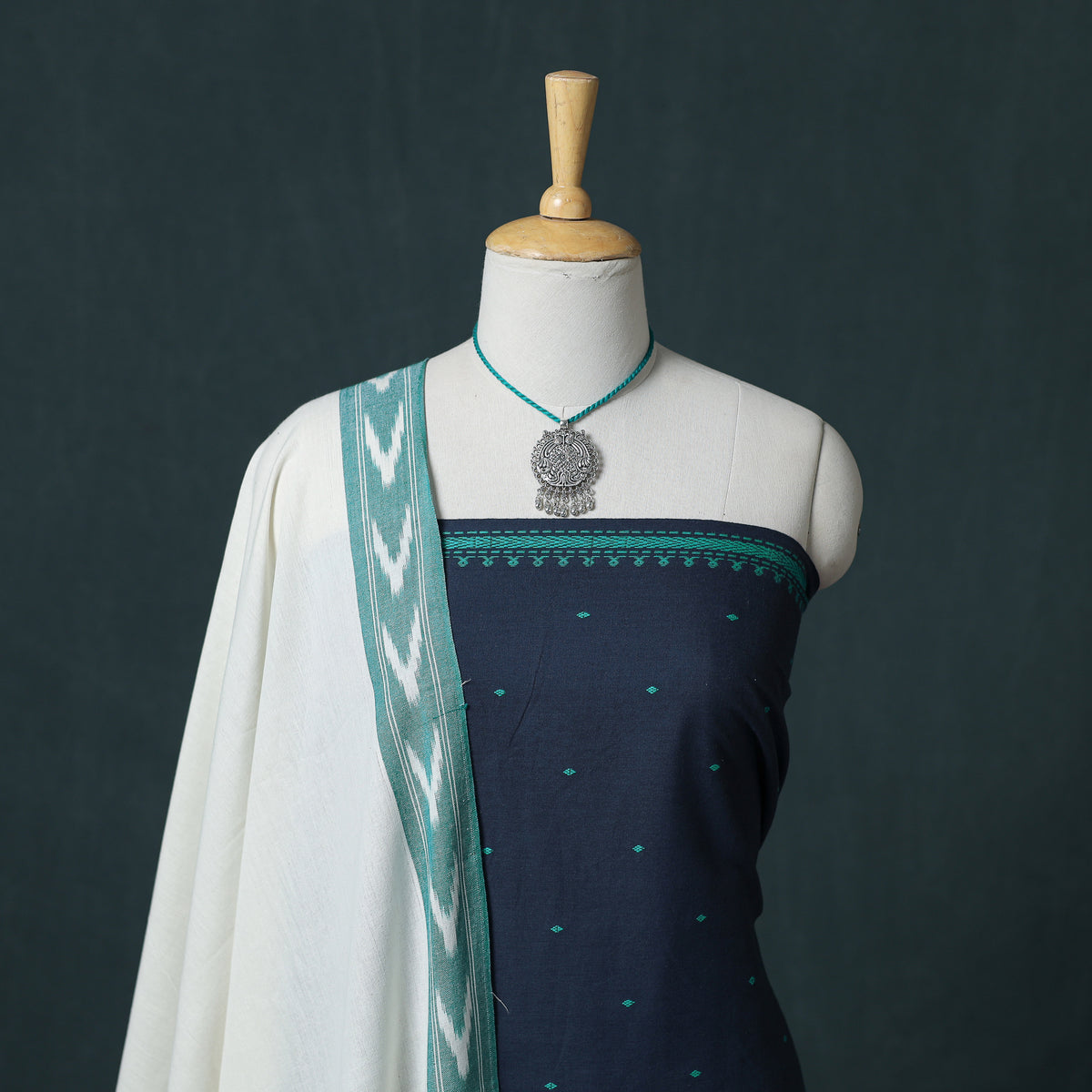 Prewashed Jacquard Cotton Unstitched Dress Material: Kurta & Dupatta with Jewellery 12